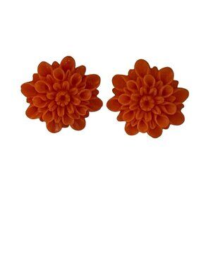 Vintage Orange Floral Stud Earrings Carved Resin Chrysanthemum Retro .75"